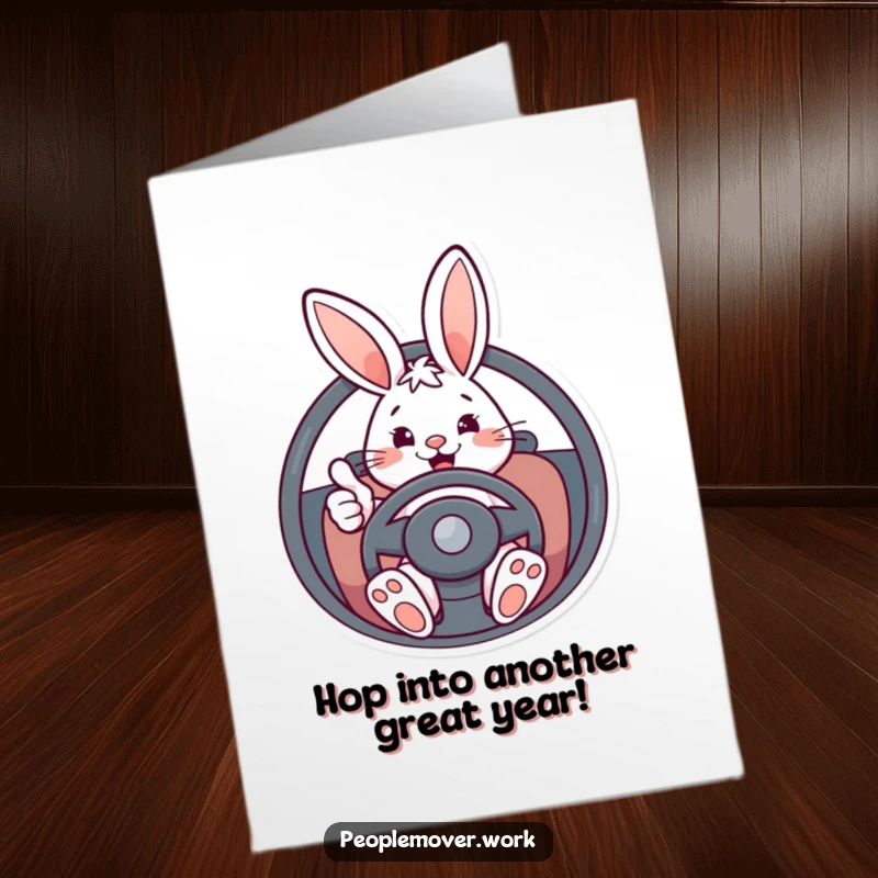 Funny Free Printable Birthday Card: Energetic bunny with thumbs up driving, ready for a party.