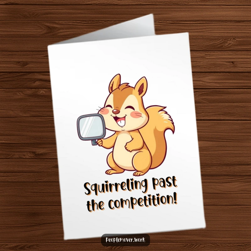 Funny Free Printable Congratulations Card featuring an energetic squirrel grinning, checking the rearview mirror after a triumphant drive.