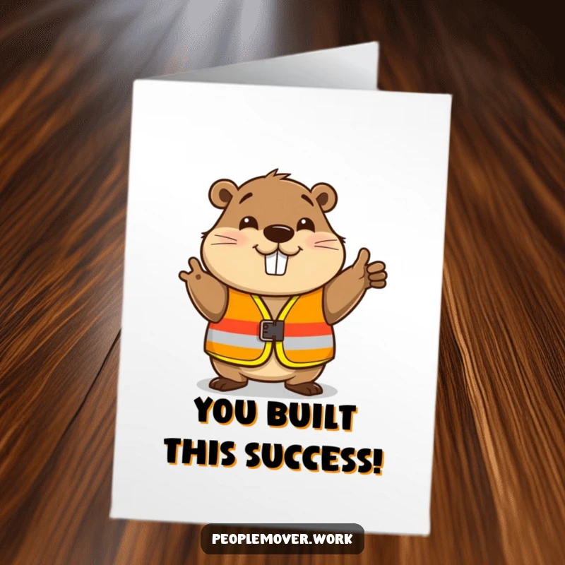 Funny Free Printable Congratulations Card featuring a beaver in a safety vest giving a friendly nod, signifying approval and success.