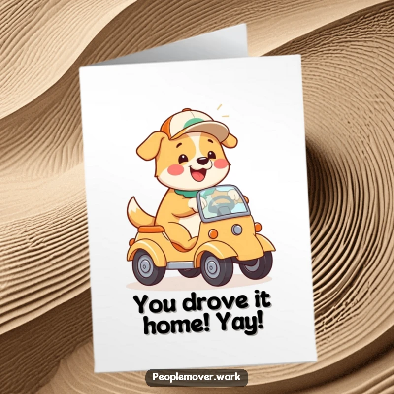Funny Free Printable Dog Congratulations Card: A happy dog in a cap playfully steers a car to celebrate an achievement.