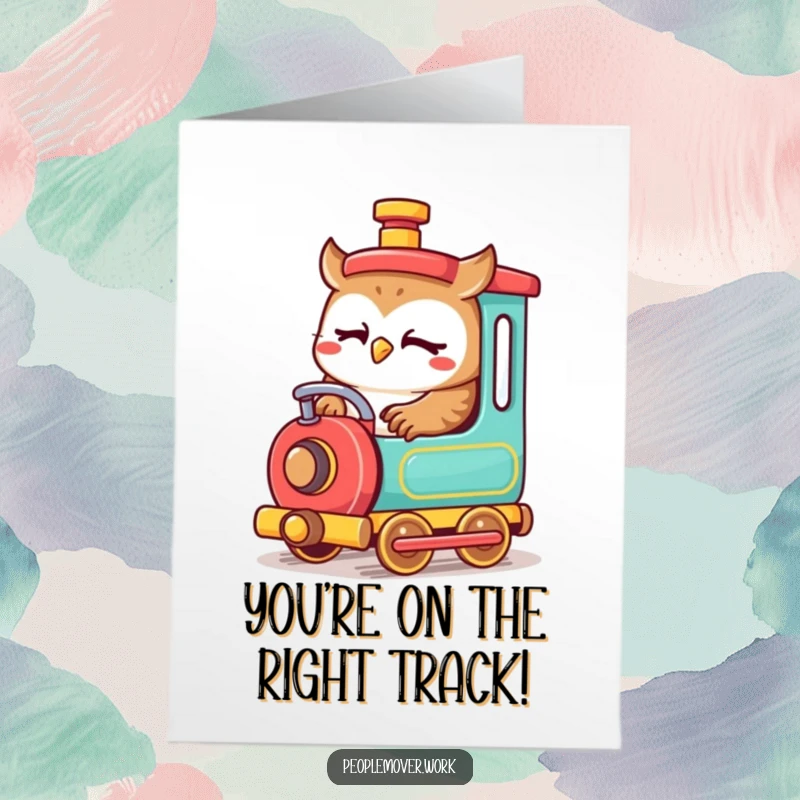 Funny Free Printable Congratulations Card: An owl intently driving a colorful train to mark a success.