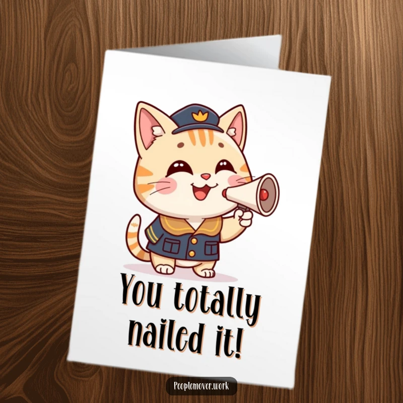 Funny Free Printable Congratulations Card: A proud cat in uniform honking a horn to acknowledge success.