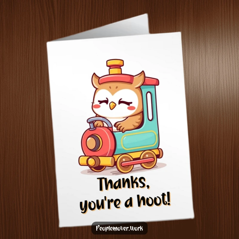 Funny Free Printable Thank You Card: A focused owl operates a small train to express thanks.