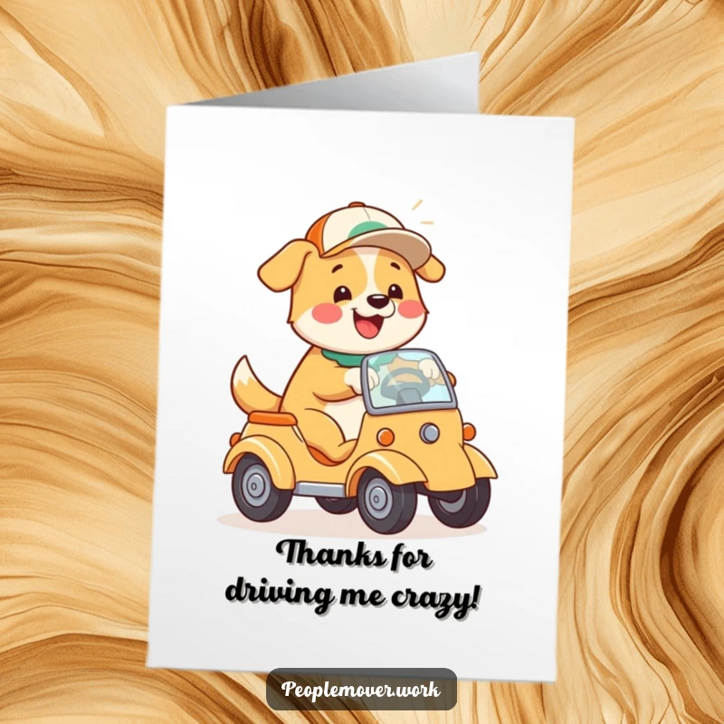 Funny Free Printable Dog Thank You Card: A happy dog in a cap playfully steers a car, offering a humorous thank you.