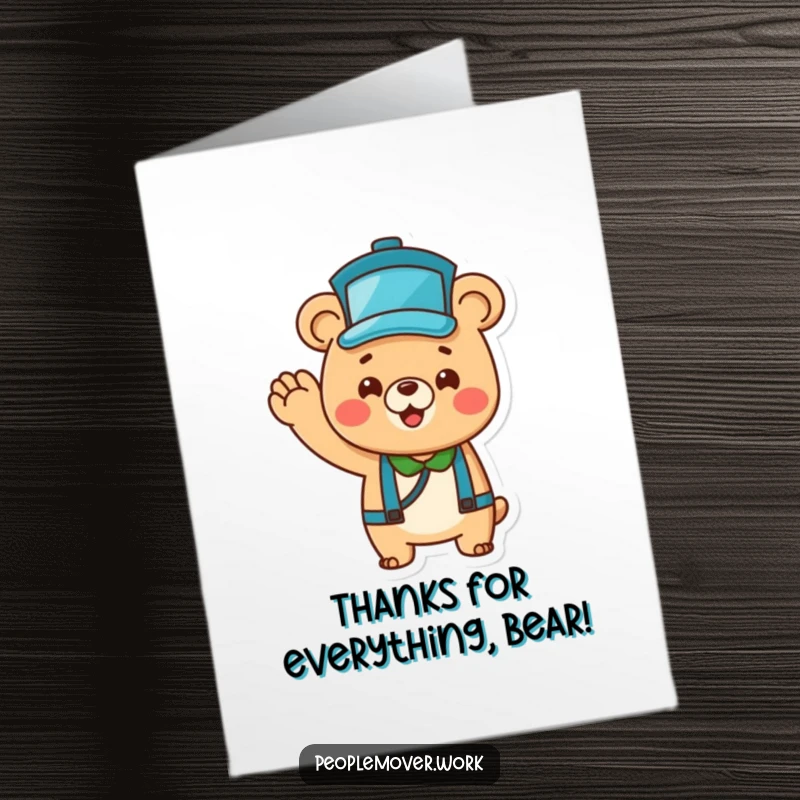 Funny Free Printable Bear Thank You Card: A cheerful cartoon bear in a bus driver hat waves enthusiastically to express thanks.