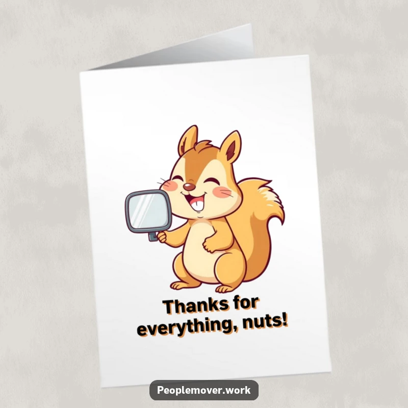 Funny Free Printable Thank You Card with an energetic squirrel grinning while adjusting a rearview mirror, perfect for a thankful message.