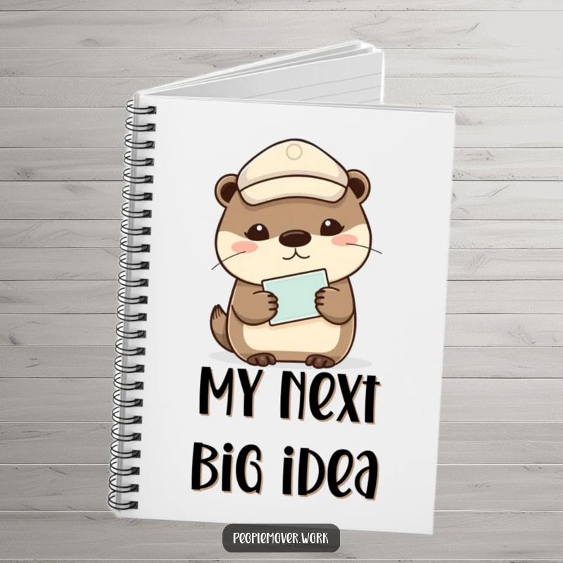 Funny otter wearing a peaked cap, holding a ticket, a humorous and inspiring notebook.