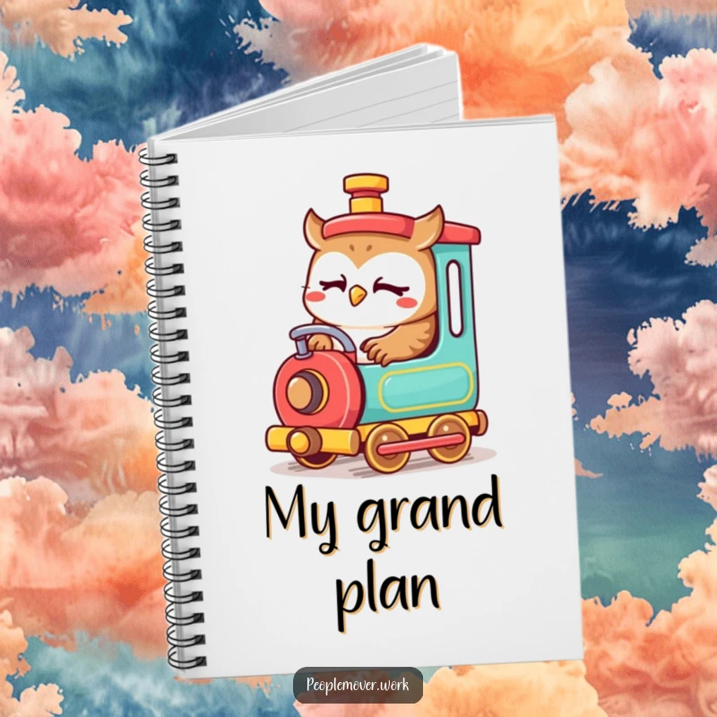 Funny owl train engineer notebook with a cute cartoon owl focused on operating a small, colorful train, perfect for notes.