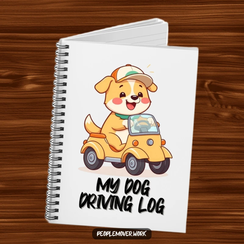 Funny Dog Driving Notebook: A happy cartoon dog with a cap, playfully steering a vehicle, perfect for jotting notes.