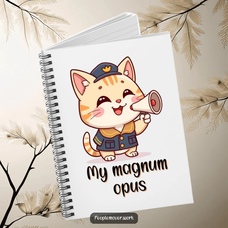 Funny cat conductor notebook featuring a smiling cartoon cat in uniform, proudly honking a miniature horn, perfect for capturing notes.