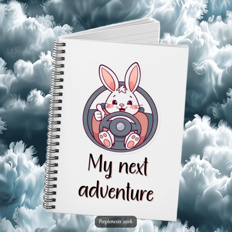 Funny bunny driver notebook with an energetic cartoon rabbit behind the wheel, giving a thumbs-up, ideal for note-taking.