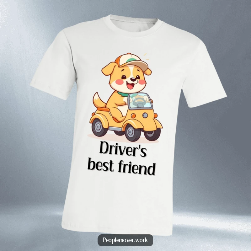 Funny Dog Driving T-Shirt: A happy cartoon dog wearing a cap, playfully steering a small vehicle with joy.