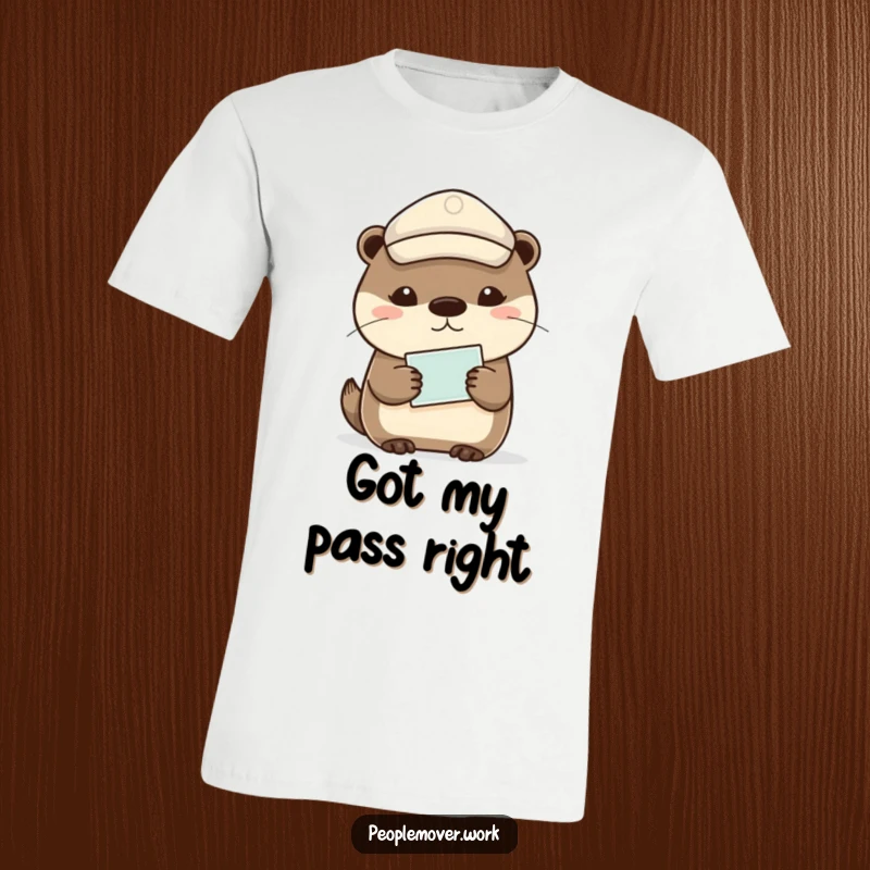 Funny otter wearing a cap and holding a ticket, embodying calm travel, a humorous t-shirt.