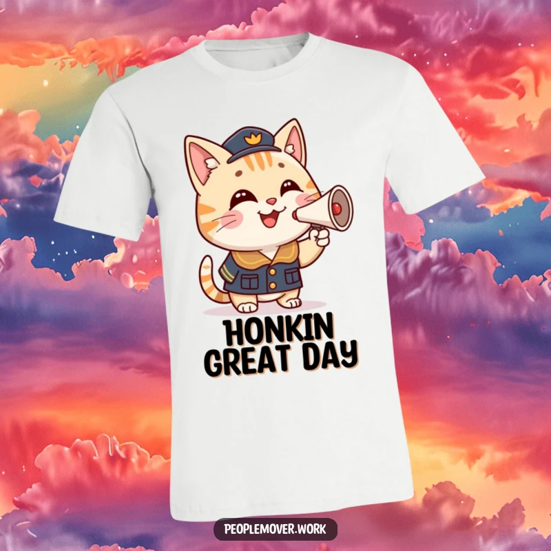Funny cat conductor t-shirt featuring a smiling cartoon cat in uniform, proudly honking a tiny horn with a cheerful expression.