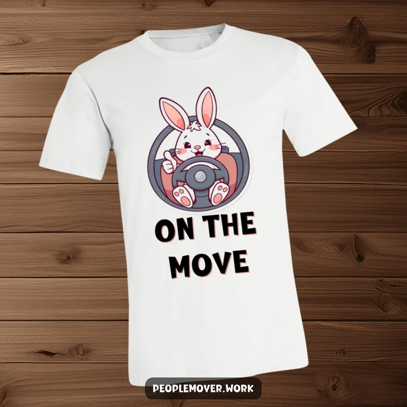 Funny bunny driver t-shirt featuring an energetic cartoon rabbit at the wheel, giving a big thumbs-up with a happy expression.