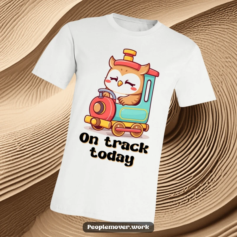 Funny owl train engineer t-shirt featuring a cute cartoon owl focused on operating a small, colorful train with precision.