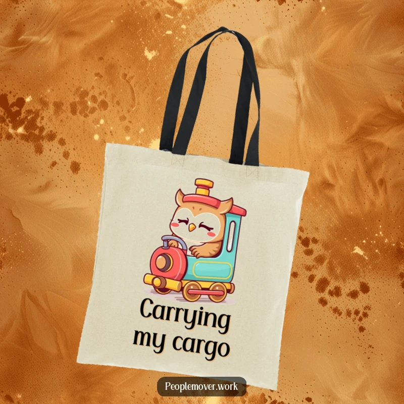 Funny owl train engineer tote bag with a cute cartoon owl focused on operating a small, colorful train, ideal for carrying items.