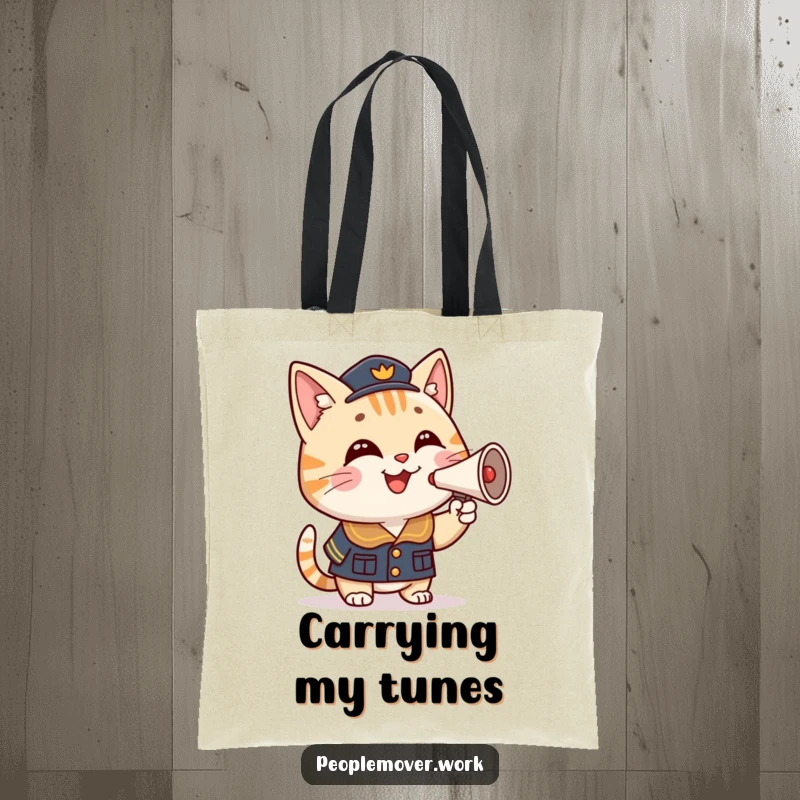 Funny cat conductor tote bag displaying a smiling cartoon cat in uniform, proudly honking a miniature horn with a musical flair.