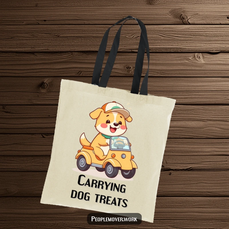 Funny Dog Driving Tote Bag: A happy cartoon dog wearing a cap, playfully steering a compact vehicle, for daily use.