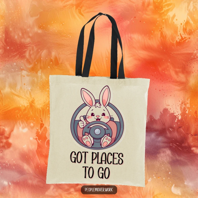 Funny bunny driver tote bag with an energetic cartoon rabbit at the helm, giving a confident thumbs-up, perfect for carrying essentials.