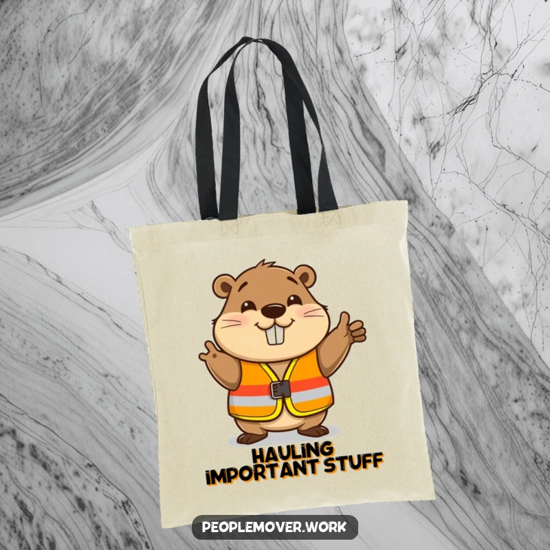 Funny beaver wearing a safety vest and nodding, a humorous and practical tote bag.