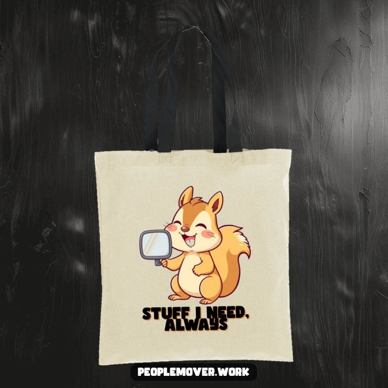 Funny squirrel grinning while adjusting a rearview mirror, a humorous and practical tote bag.